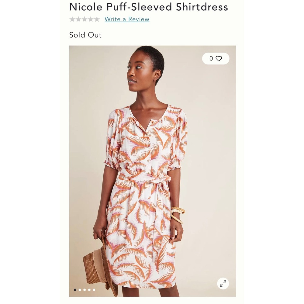 Anthropologie‎ Nicole Puff-Sleeved Shirtdress Orange Pink Palm Leaf Print Belted